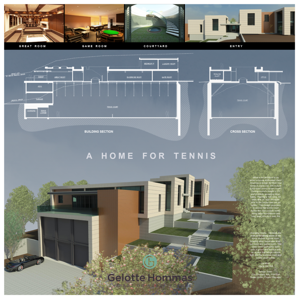Indoor home tennis court from Issaquah architects GHDA.