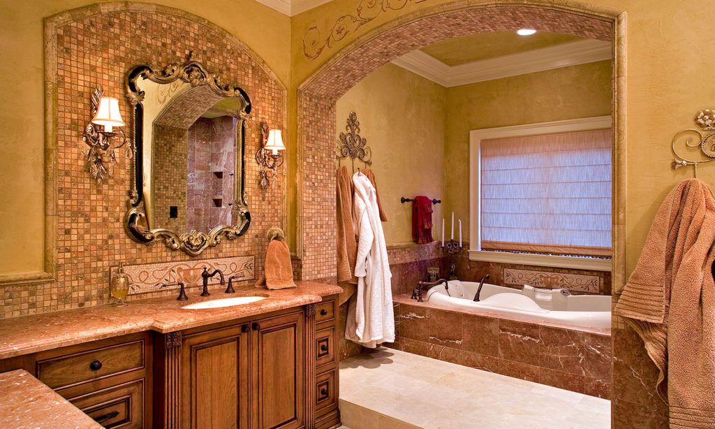 Master suite bathroom in a Tuscan style home.