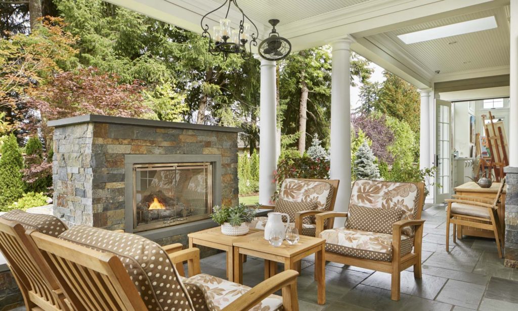 Bright, cozy outdoor fireplace